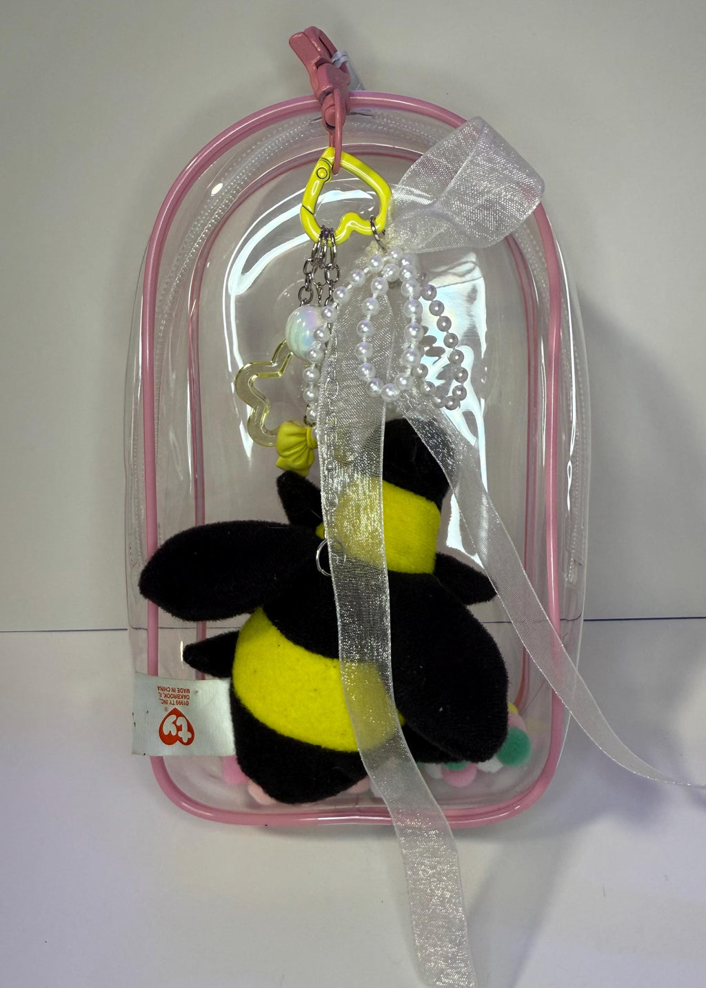 Vintage Bumble Bee Bag Charm: Handmade 2000s Plush Keychain